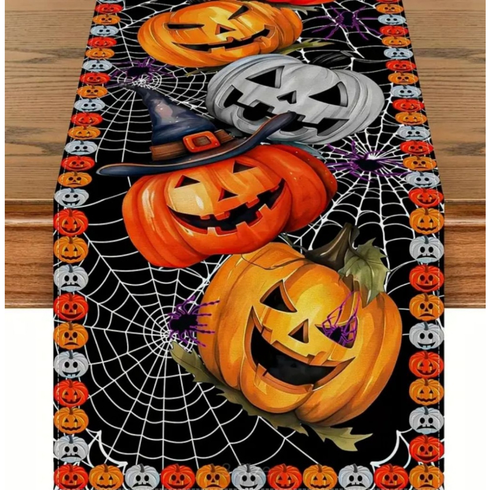 Table Runner Halloween Pumpkin Black Orange 72 in